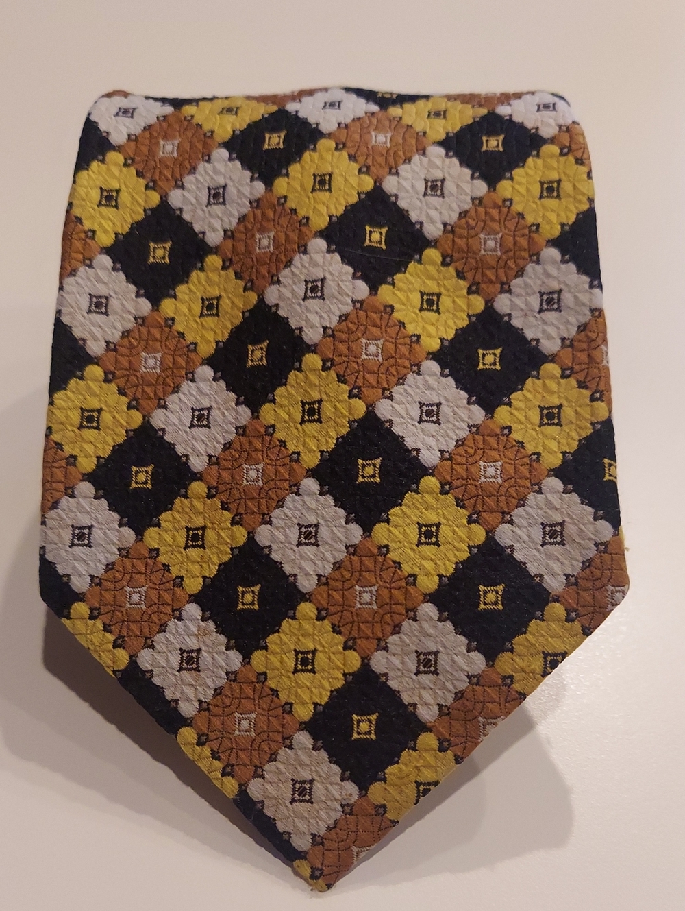 Vintage 1970s Damon Diamond-Print Tie in Yellow, Brown & Black
